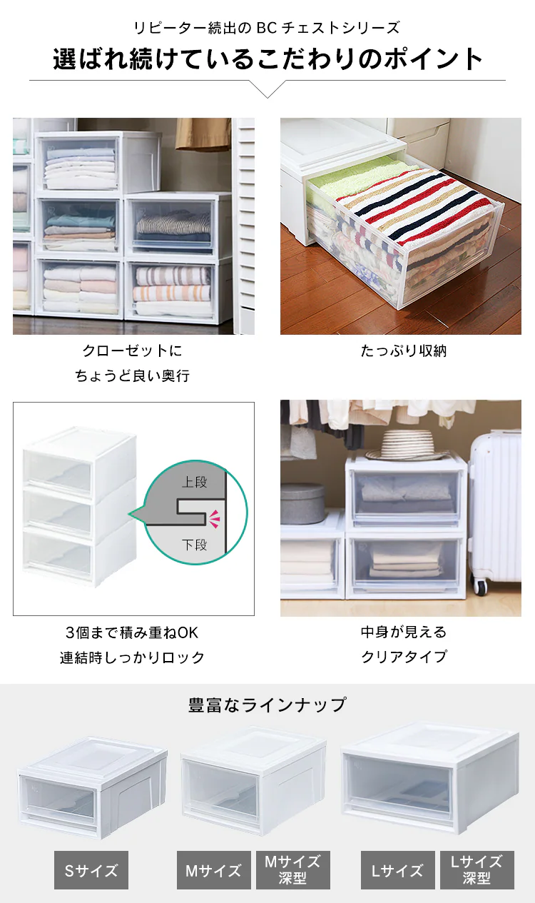 【2個セット】 収納ケース ホワイト/クリア 深型 クローゼット 引き出し ベッド下収納 BC-MD 2