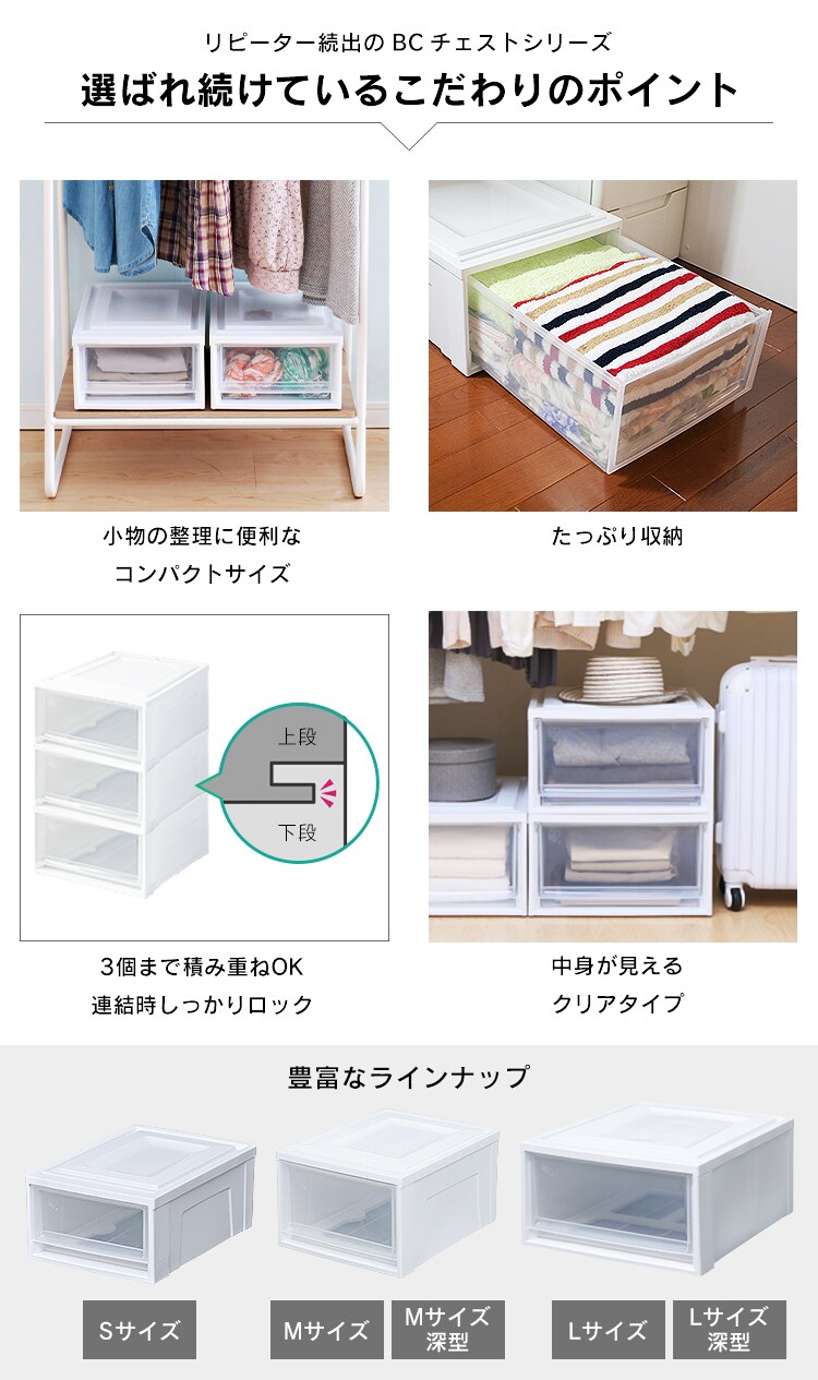 【2個セット】 収納ケース ホワイト/クリア 深型 クローゼット 引き出し ベッド下収納 BC-S2