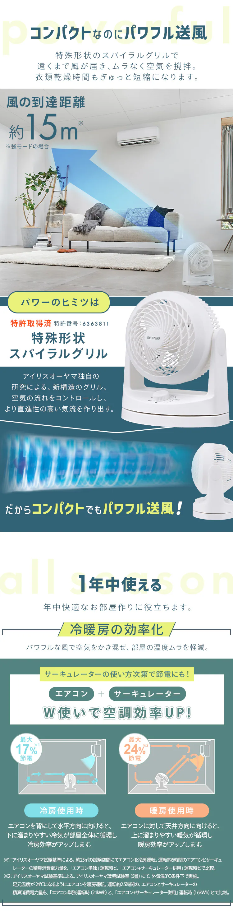 【分解丸洗い】 サーキュレーター 8畳 左右首振り KCF-HD15EC-W ホワイト1