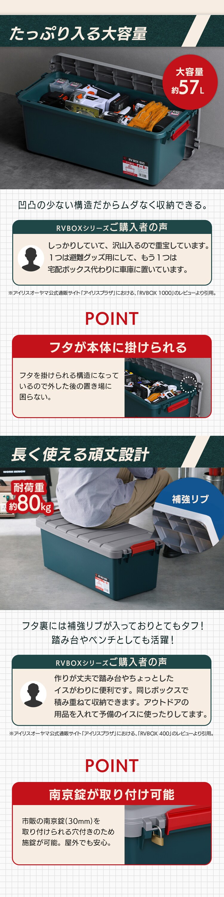  【2個セット】収納ボックス RVBOX 800 耐荷重約80kg  グレー／ダークグリーン3