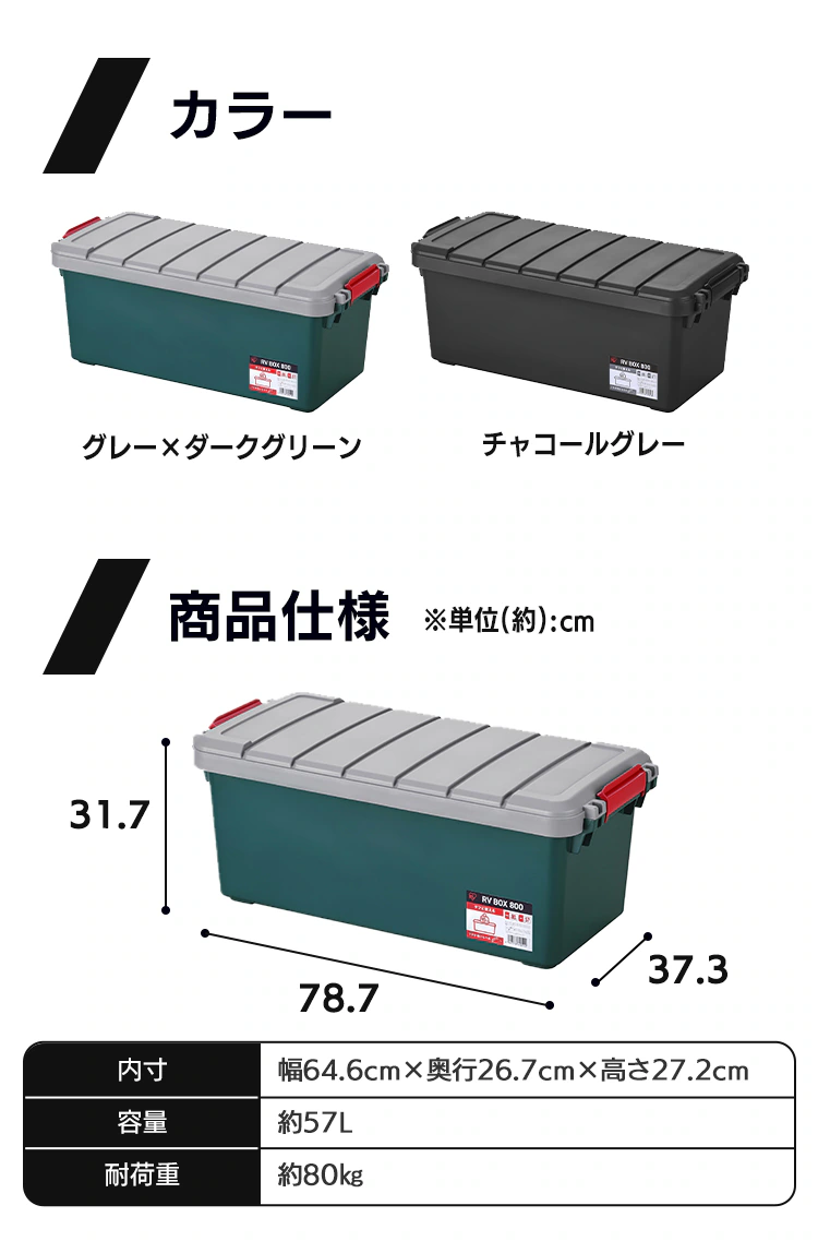  【2個セット】収納ボックス RVBOX 800 耐荷重約80kg  グレー／ダークグリーン6