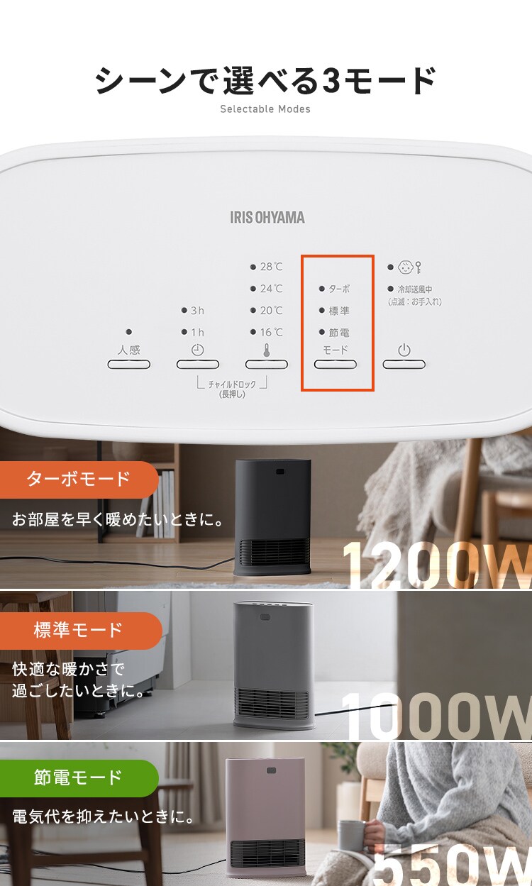 大風量セラミックファンヒーター Wセンサー付き ACH-LW12A-W ホワイト3