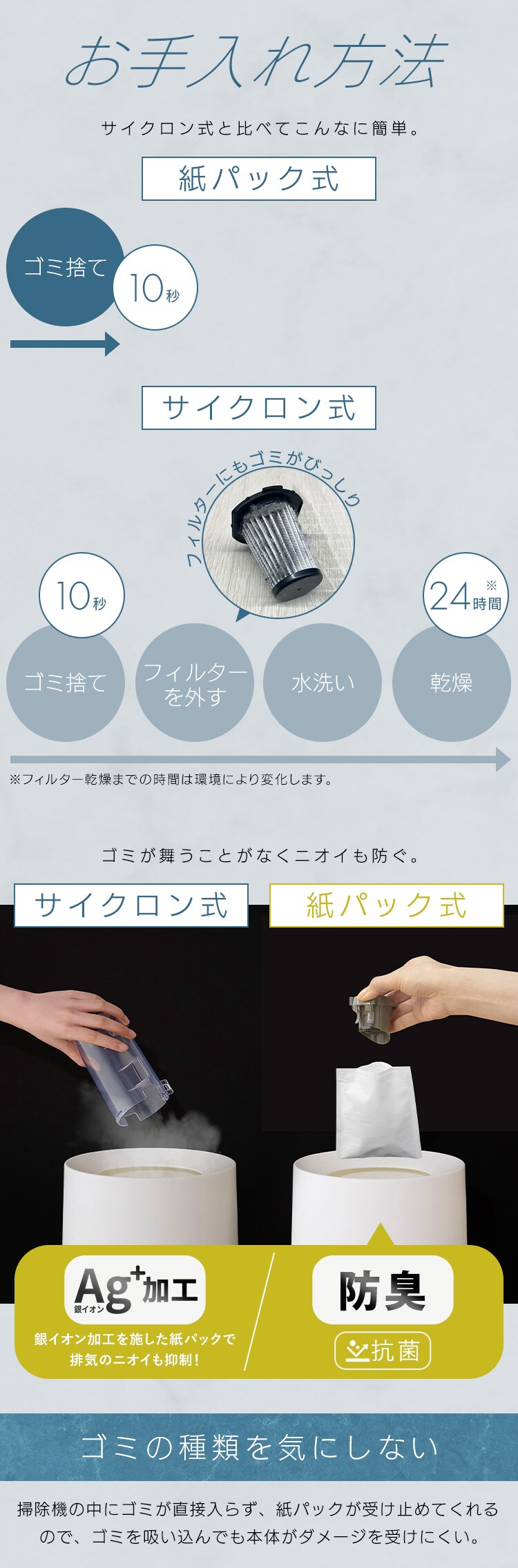 【数量限定おまけ付き】ハンディクリーナー 置くだけで充電 紙パック式 HBD-31-WH クラウドグレー メッシュツールバッグ付き3