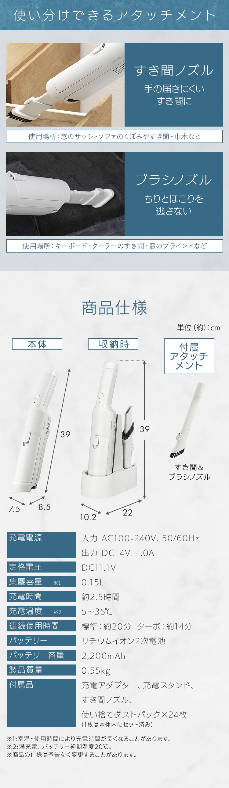 【数量限定おまけ付き】ハンディクリーナー 置くだけで充電 紙パック式 HBD-31-WH クラウドグレー メッシュツールバッグ付き9