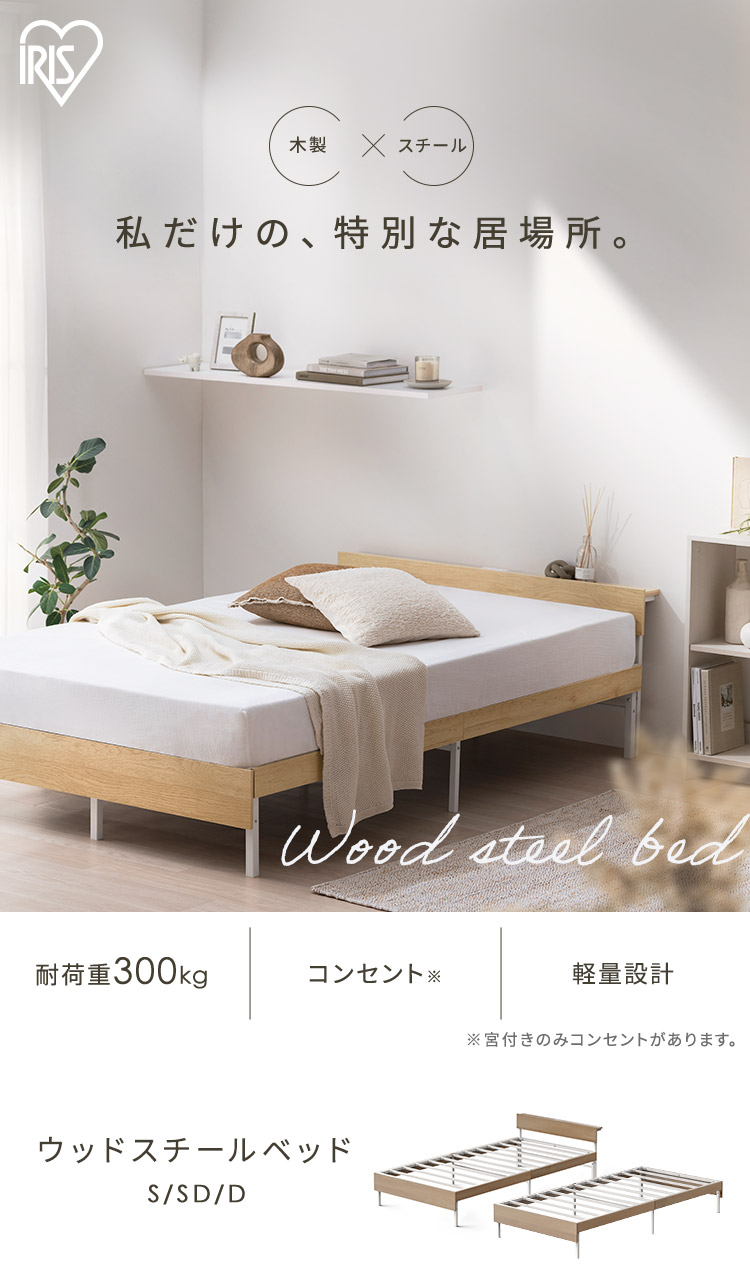 ウッドスチールベッド 引き出しセット 宮付き シングル SBW02-S／SB