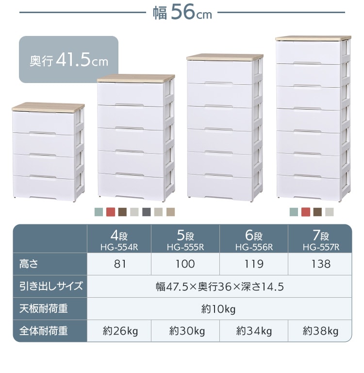 ウッドトップチェスト 幅約56cm 5段 HG-555 ホワイト K250131