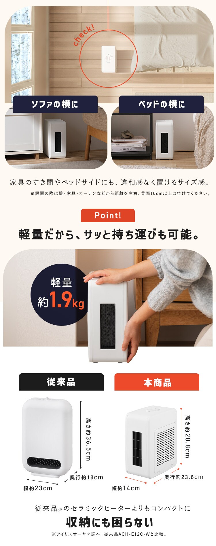 コンパクトセラミックファンヒーター ACH-KD12A-W ホワイト 211148