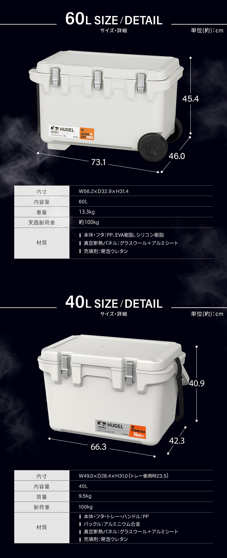【急速凍結保冷剤付き】HUGEL 真空断熱クーラーボックス 20L VITC-20R チャコールグレー 急速凍結保冷剤付き9