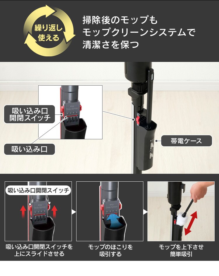 掃除機 コード式 紙パック 極細軽量 モップ付 IC-SBA6-S シルバー8