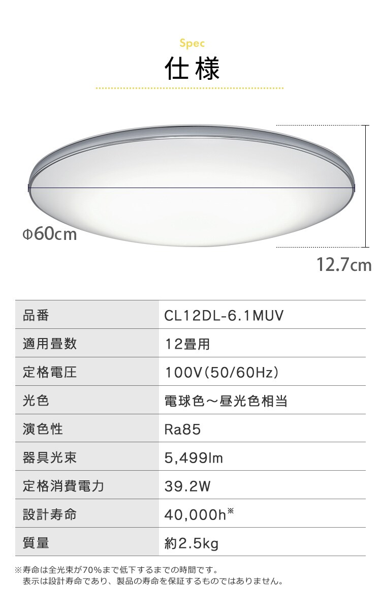 LED シーリングライト 12畳 調光 調色 音声操作 工具・工事不要 リモコン付き 5年保証 CL12DL-6.1MUV27
