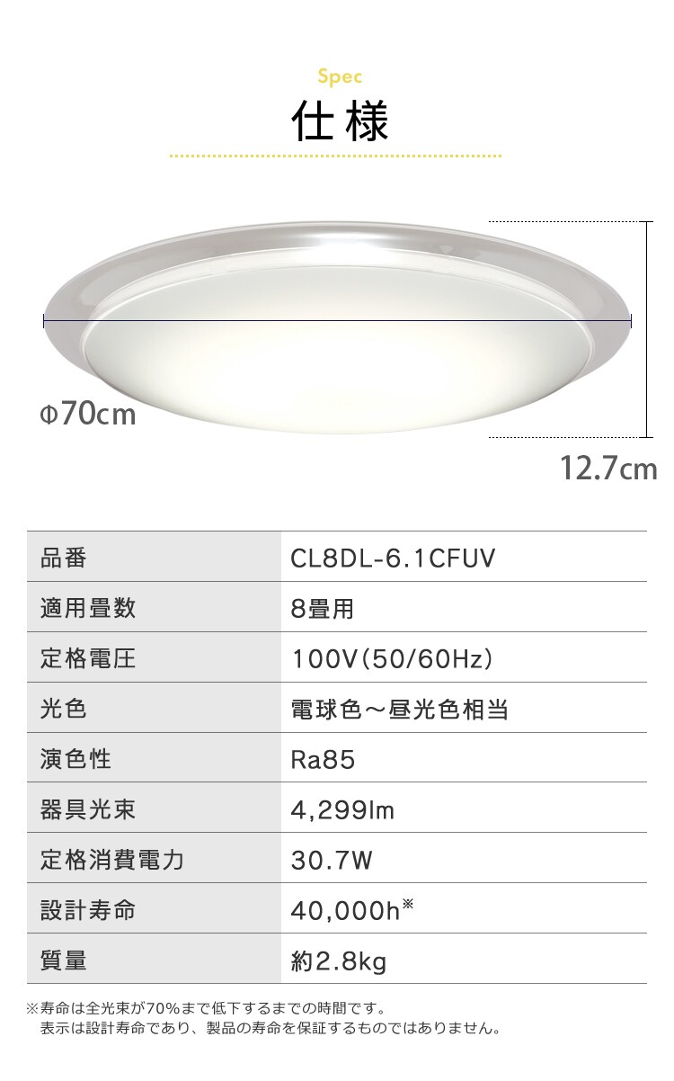 LED シーリングライト 8畳 調光 調色 音声操作 工具・工事不要 リモコン付き 5年保証 CL8DL-6.1CFUV28