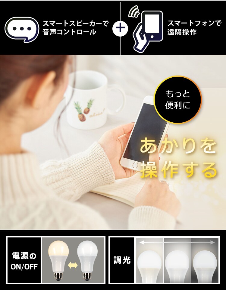 LED電球 E26 広配光 60形相当 調光 AIスピーカー LDA9L-G/D-86AITG+Google Nest Mini1