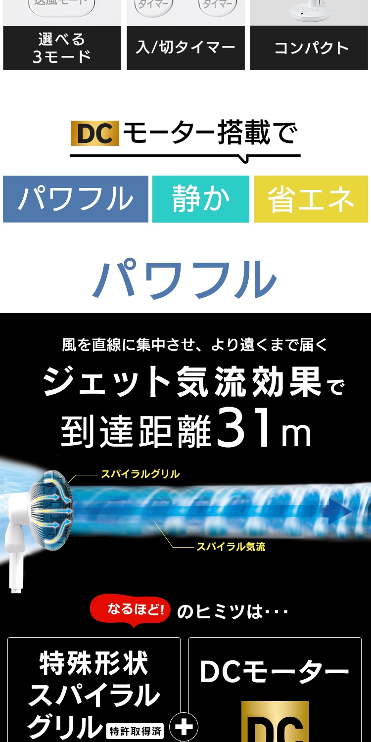 【訳あり】サーキュレーター扇風機 DC 24畳 上下左右首振り コンパクト STF-DC15TC-W ホワイト2