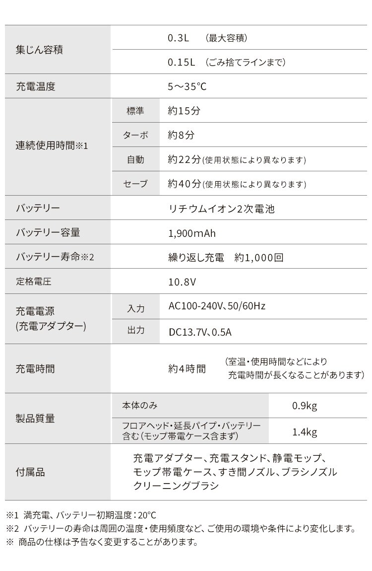 【バッテリーセット】 スティッククリーナー 軽量タイプ サイクロン モップ付き 置くだけで充電 SCD-120P-W22