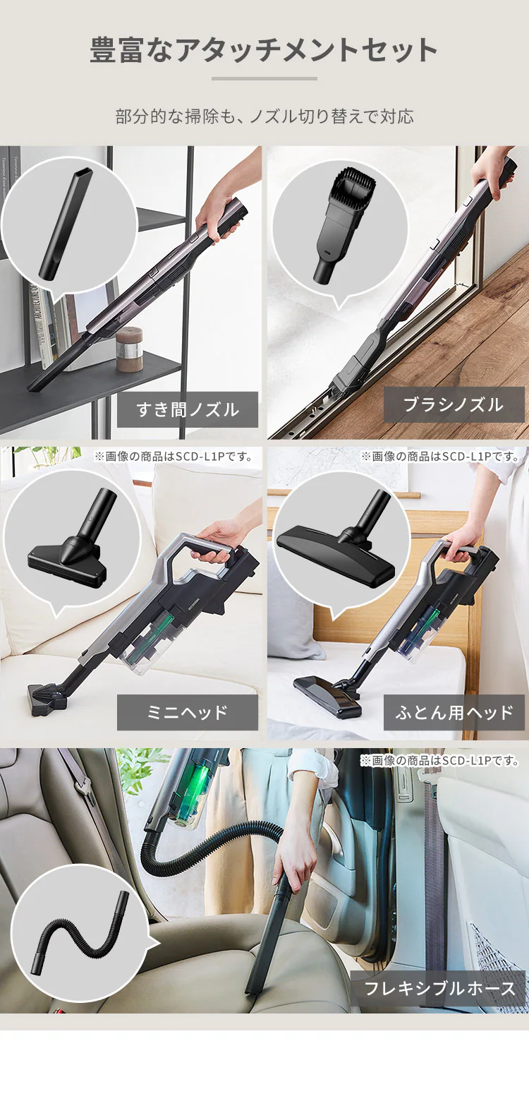 【アタッチメント5点セット】掃除機 コードレス サイクロン 自走式 置くだけで充電 2way SCD-160P-T9