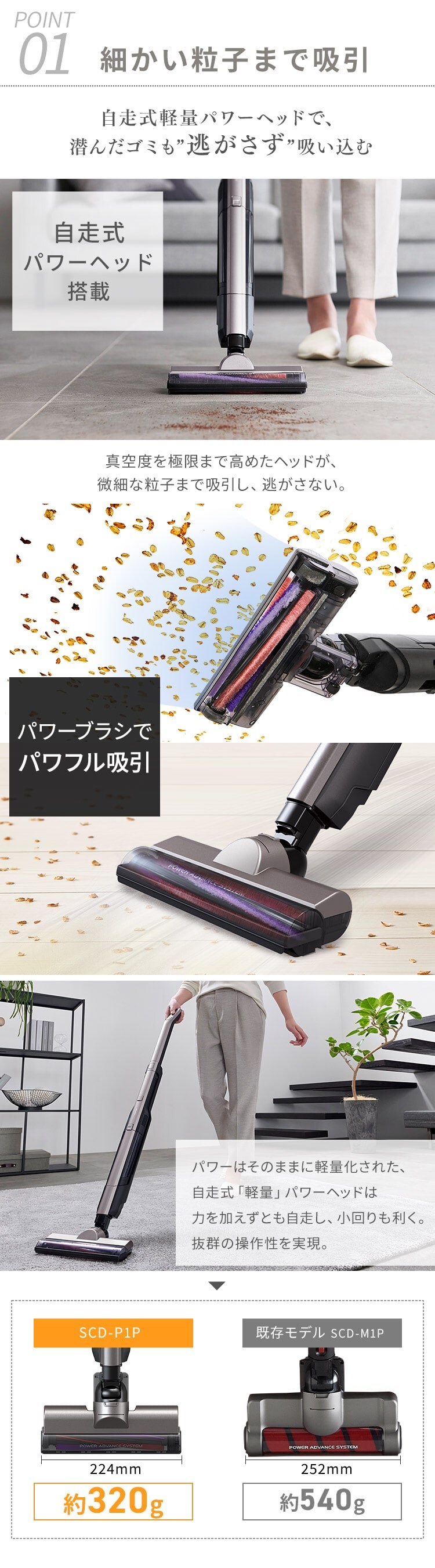 掃除機 コードレス サイクロン 自走式 モップ付 置くだけで充電 2way SCD-P1P-T 4