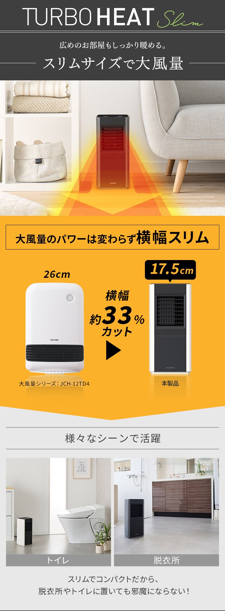 セラミックヒーター 大風量 スリム CH-12TDS1-H グレー1