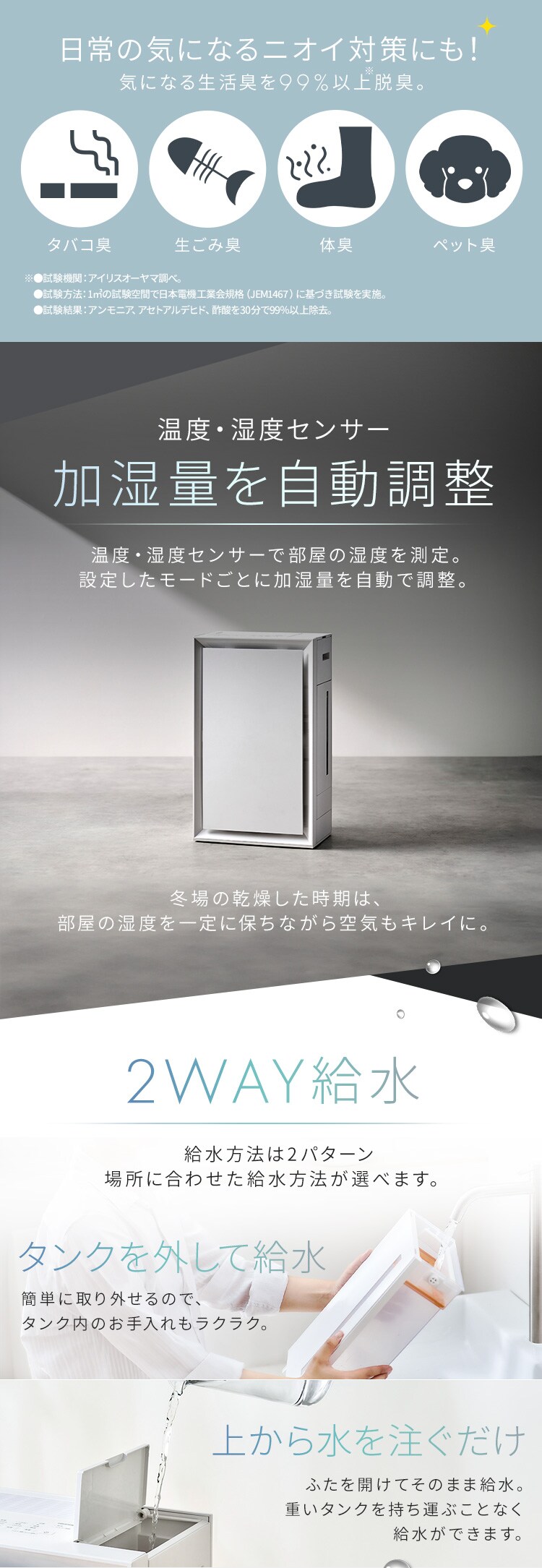 空気清浄機 23畳 加湿空気清浄機 14畳 温度・湿度センサー ほこりセンサー 2WAY給水 お手入れ簡単 AAP-AH50A-W ホワイト3
