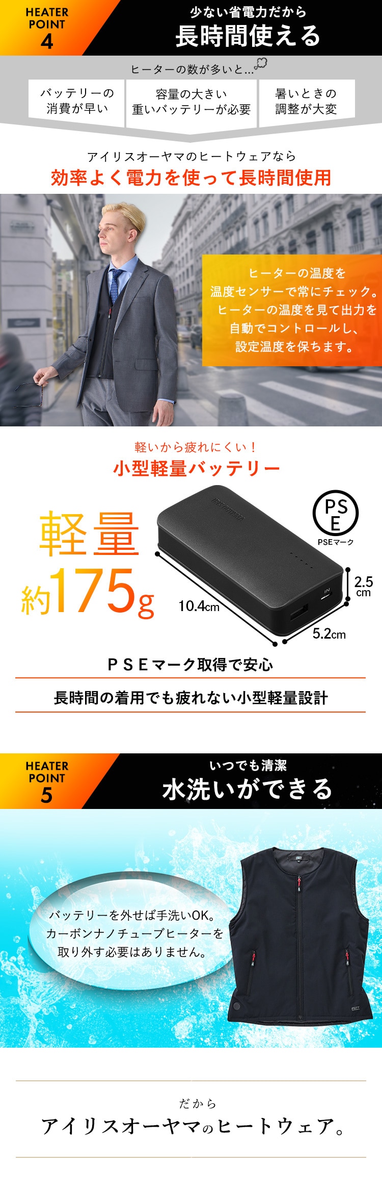 【バッテリー付き】 ヒートベスト インナー Sサイズ FC21620-BKS ブラック 7