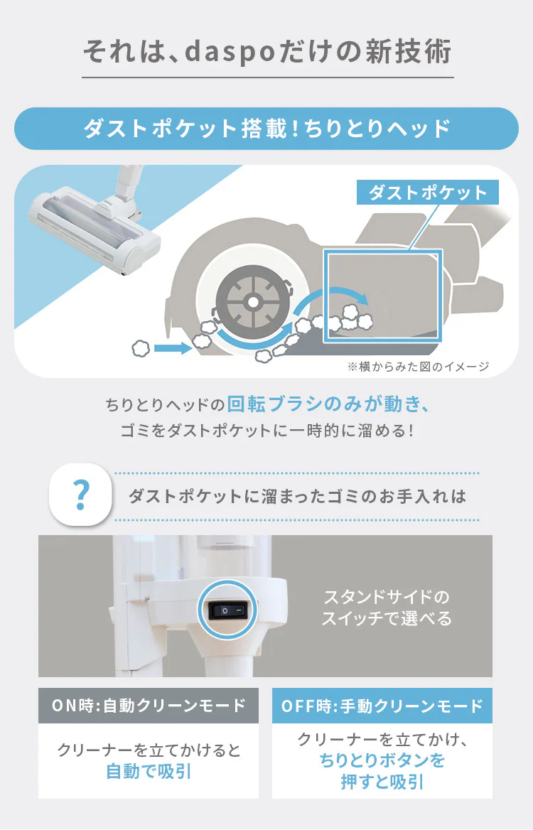 daspo 掃除機 コードレス サイクロン モップ付 置くだけで充電 SCD-S1P-W ホワイト 3