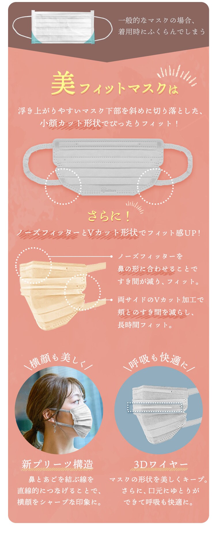 【30枚】 美フィット カラーマスク ふつうサイズ ペールベージュ プリーツタイプ 個梱包6