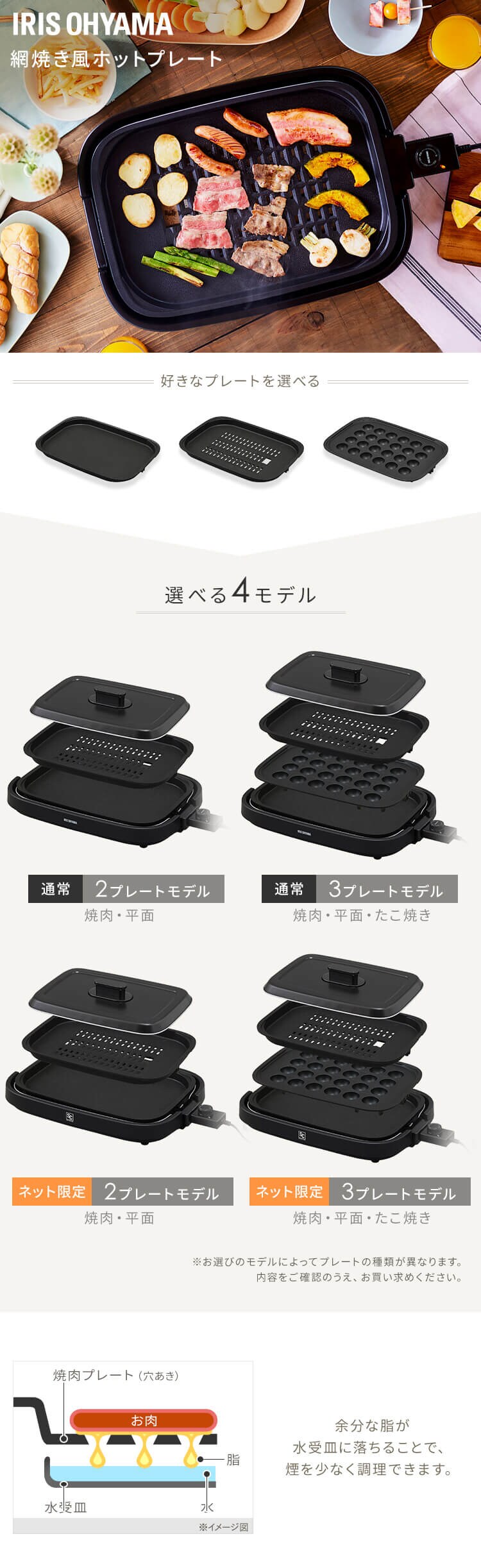 ホットプレート 網焼き風 3枚 IHA-A30-B (焼肉/平面/たこ焼き 24穴)0