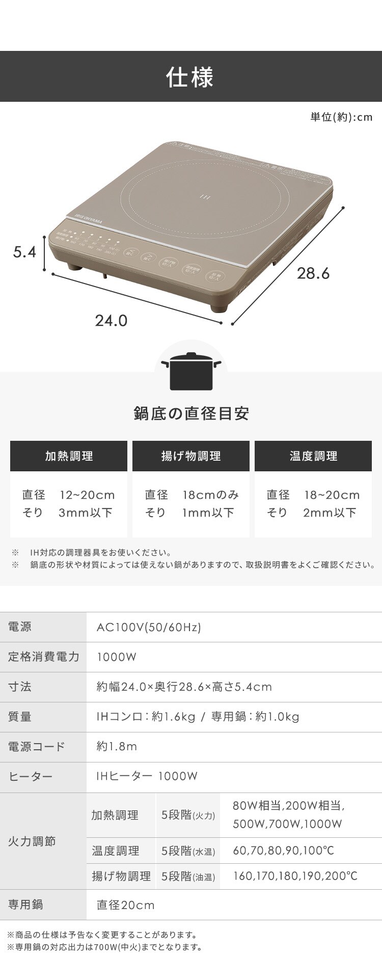 【セット品】 IHコンロ 1口 1000W 鍋 20cm IHKP-T39220-B ブラック6