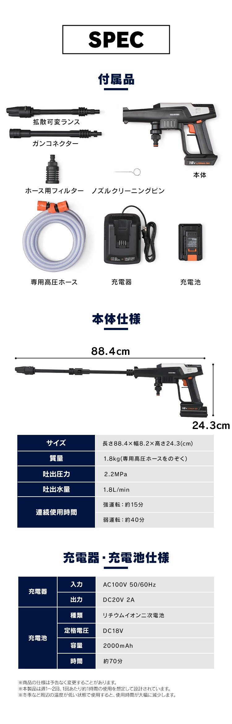 高圧洗浄 ハンディウォッシャー 2.2MPa コードレス 温水使用可能 コンパクト ホワイト JHW-2018