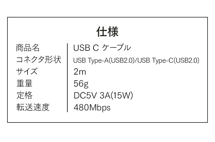 【メール便】USB-Cケーブル 2m ICAC-A20 全2色3