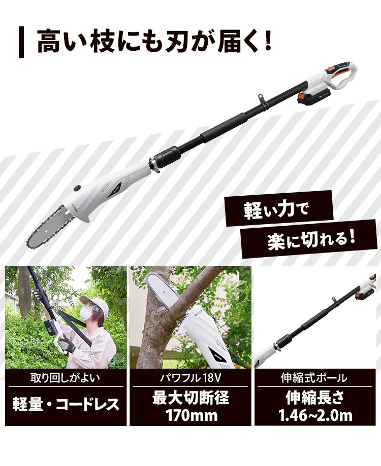 高枝バサミ 剪定 ポールチェーンソー 18V 充電式 バッテリー付き JPC15181
