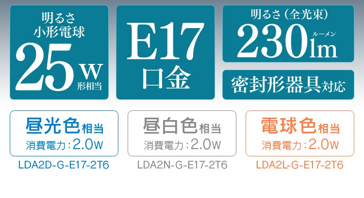 【2個セット】LED電球 E17口金 広配光タイプ 25W形相当 電球色 密閉形器具対応 LDA2L-G-E17-2T62P1