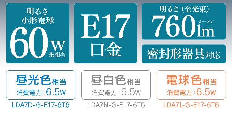 LED電球 E17口金 広配光タイプ 60W形相当 電球色 密閉形器具対応 LDA7L-G-E17-6T61