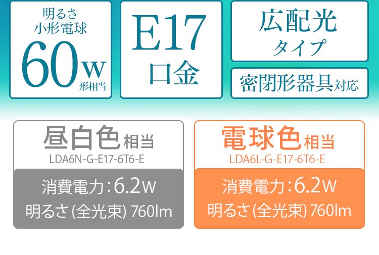 【4個セット】LED電球 E17口金 広配光タイプ 60W形相当 電球色 密閉形器具対応 LDA6L-G-E17-6T6-E1