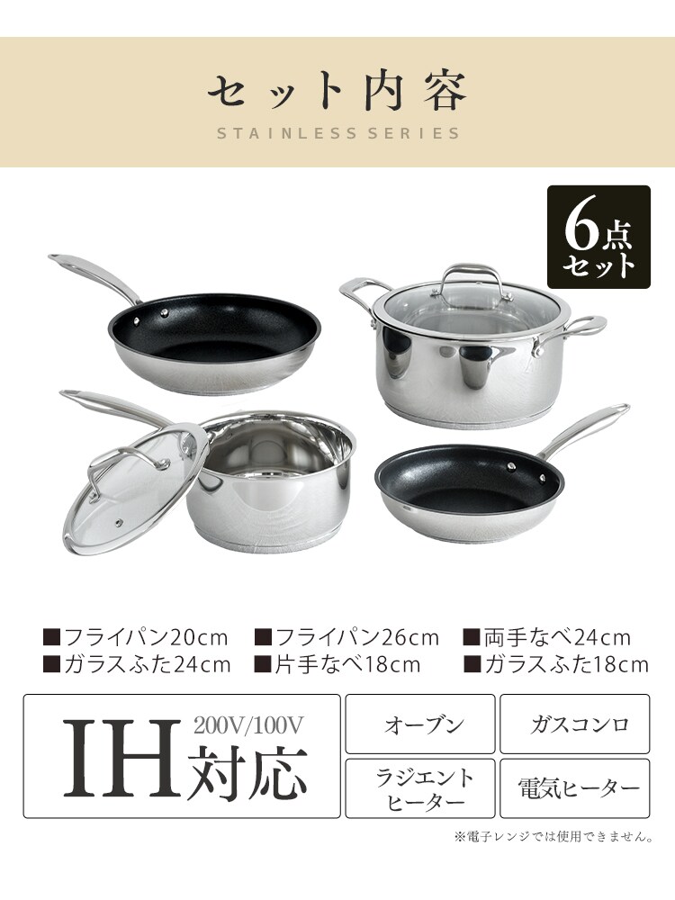 【訳あり】フライパン 6点セット IH ガス火 ステンレス SP-SE612