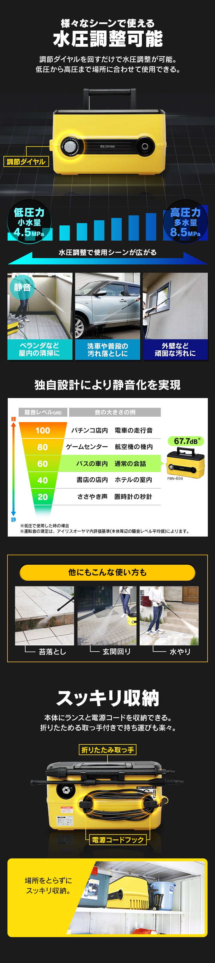 高圧洗浄機 12.0MPa 水圧調整可能 コンパクト収納モデル FBN-604　イエロー　1