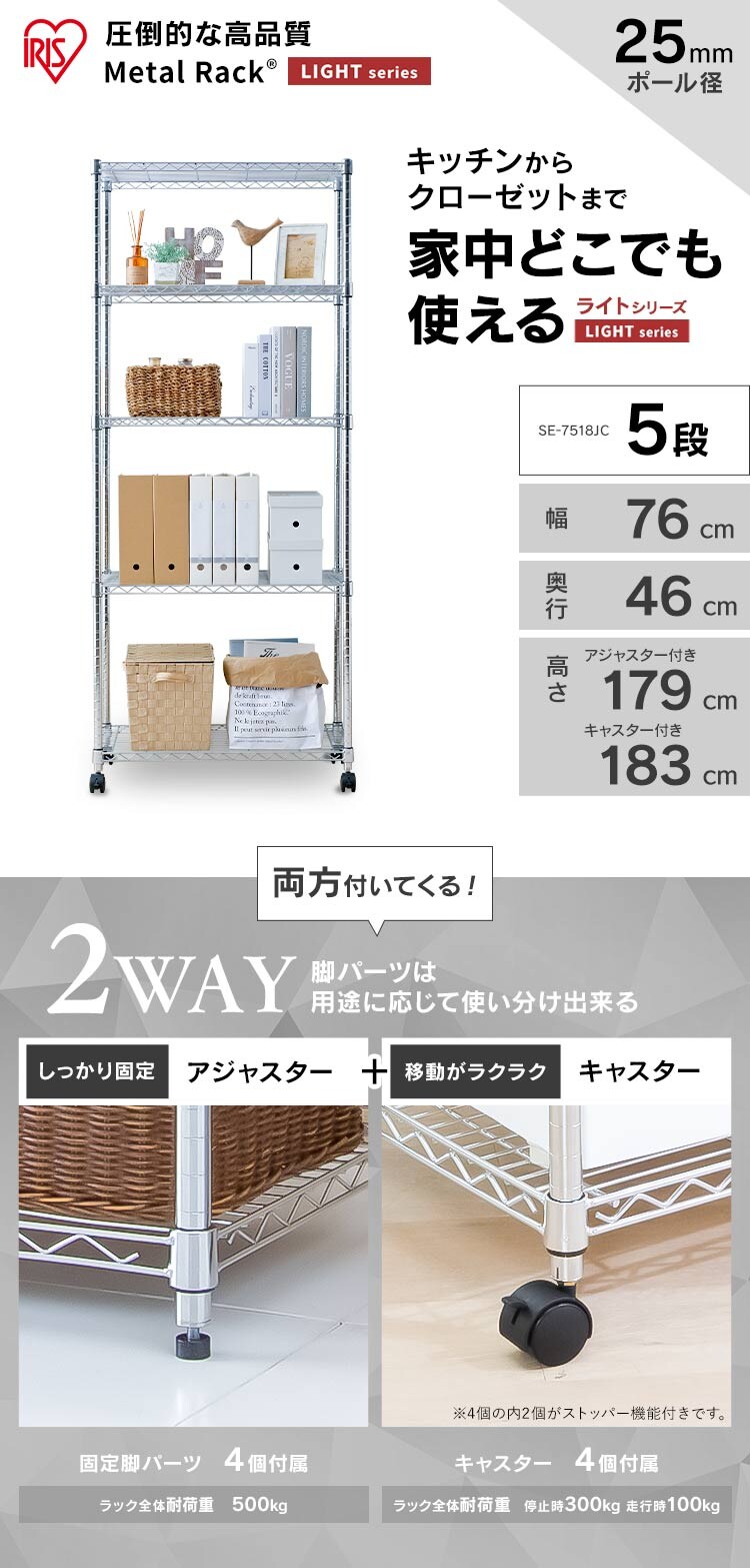 スチールラック 幅76cm メタルラック 5段 キャスター付き SE-7518JC0.1