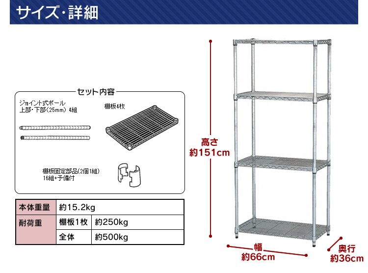 スチールラック 幅66cm メタルラック 4段 MR-6515J (ポール直径25mm・棚板4枚)12