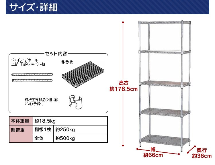 スチールラック 幅66cm メタルラック 5段 MR-6518J (ポール直径25mm・棚板5枚) 12