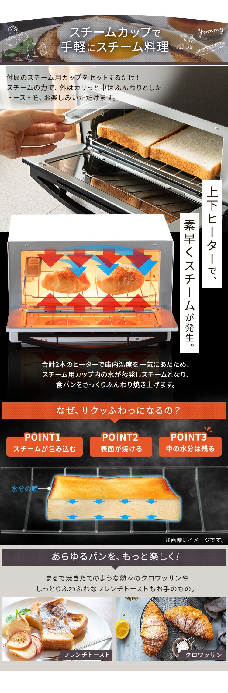 スチームオーブントースター 2枚焼き ホワイト・ブラック SOT-011-W・BLSOT-011-B1