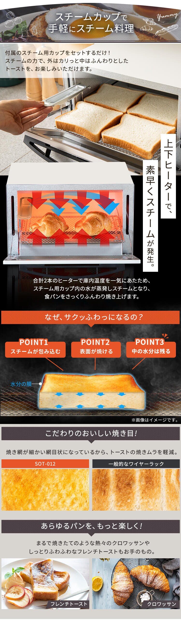 トースター オーブントースター スチーム 4枚焼き ミラー SOT-012-W ホワイト1