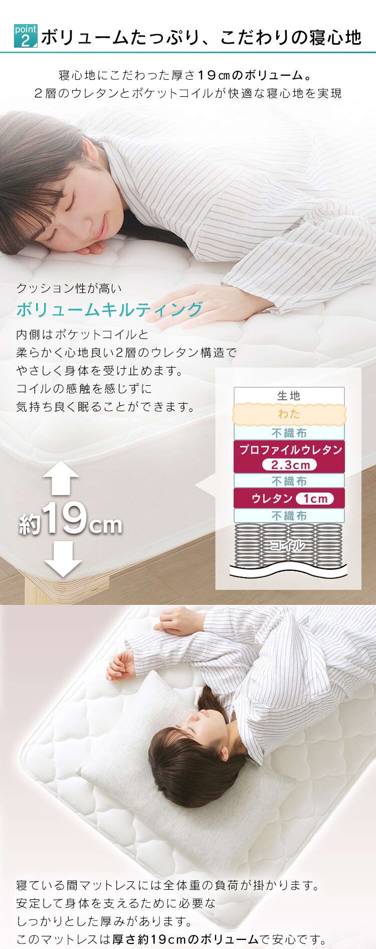 ベッド セミシングル 脚付きマットレス ポケットコイル 厚さ19cm AMT-P80 アッシュ5
