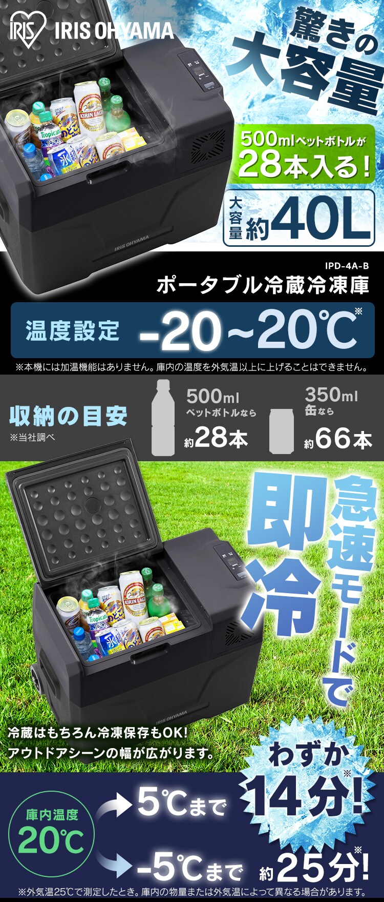 冷蔵庫 40L ポータブル 幅61.5cm IPD-4AB-2 ブラック0
