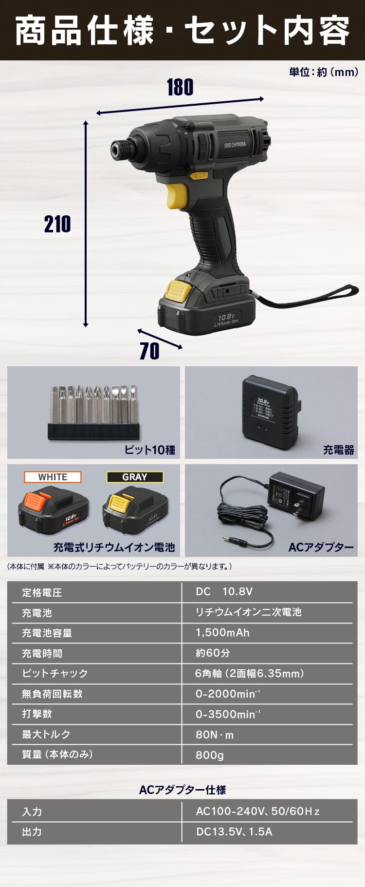 インパクトドライバー 10.8V 充電式 バッテリー付き BID80-H グレー5