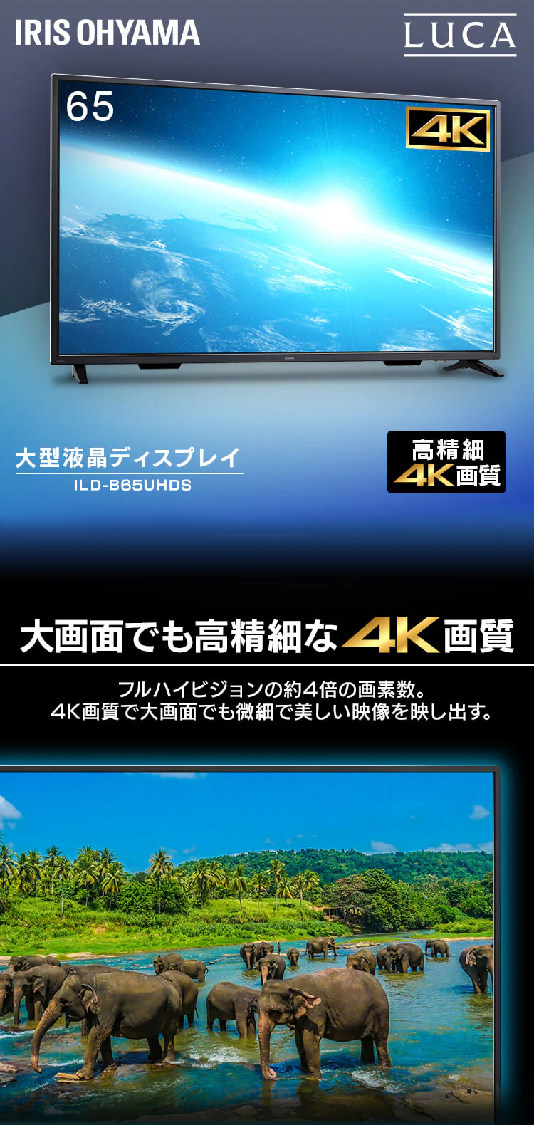 モニター 65インチ ディスプレイ 大型 設置費込み LUCA ILD-B65UHDS-B【代引き不可】0