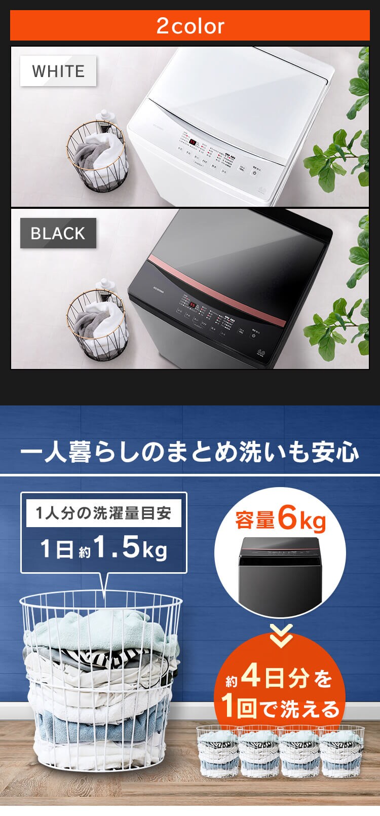 洗濯機 6kg 部屋干し時間短縮モード ガラストップ 一人暮らし IAW-T605BL-B ブラック2