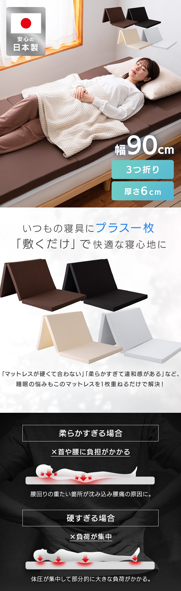 日本製 3つ折りウレタンマットレス 厚み6cm グレー0