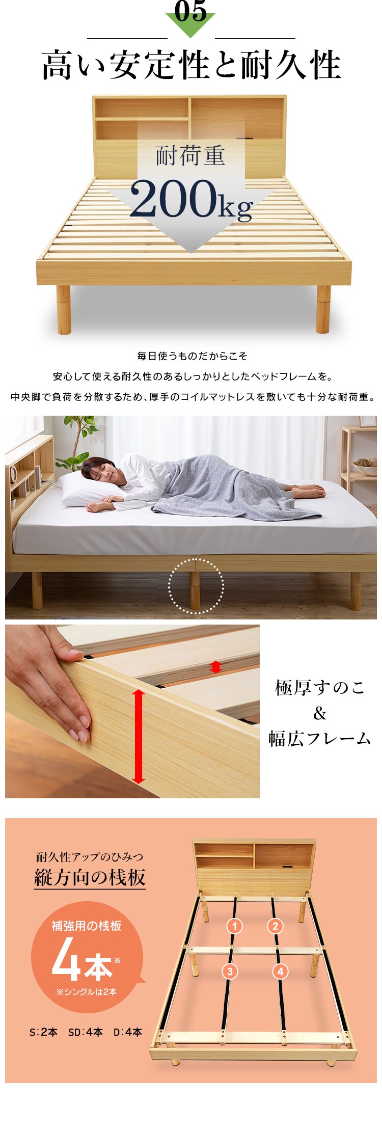 【マットレスセット】 ベッド ダブル すのこ 棚付き コンセント 高さ3段階 ブラウン+ポケットコイルマットレス 黒8