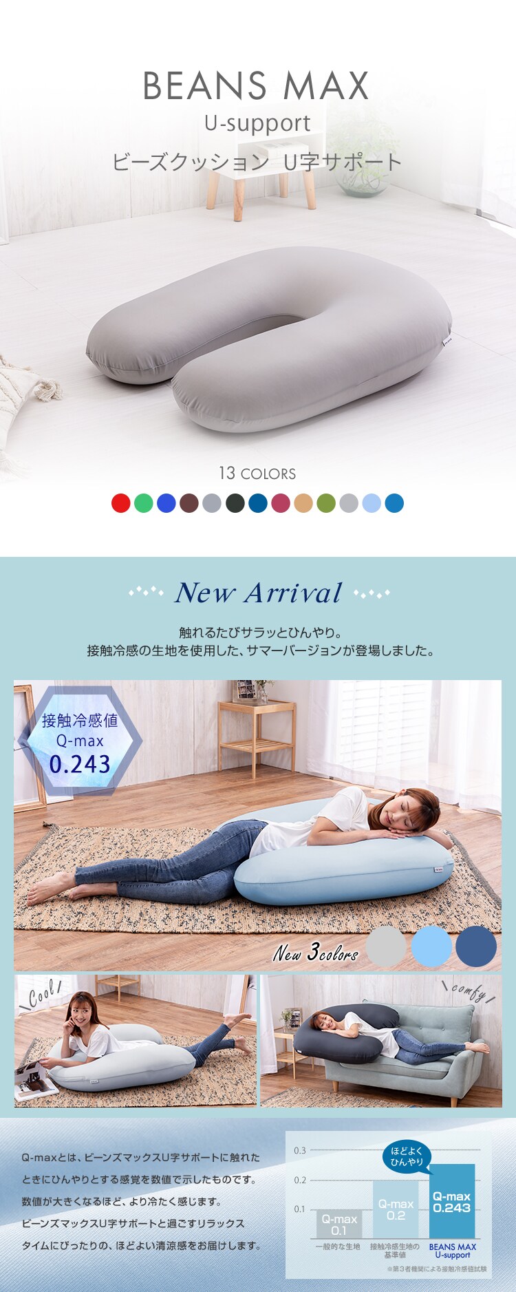 ビーズクッション U字サポート 夏用 接触冷感 ライトブルー0