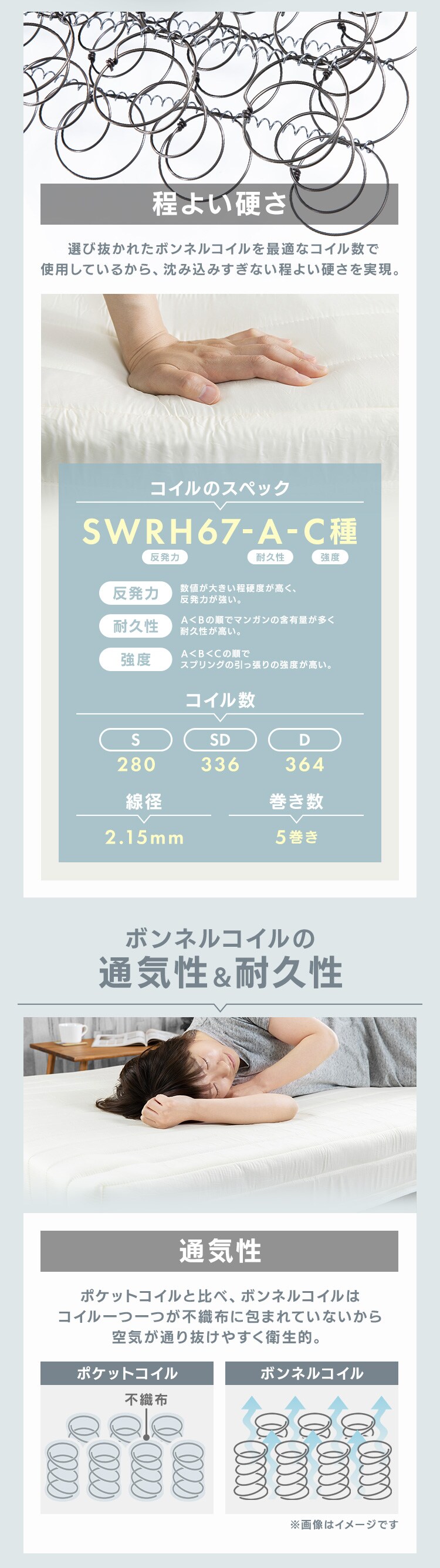 ベッド シングル 脚付きマットレス ボンネルコイル アイボリー3