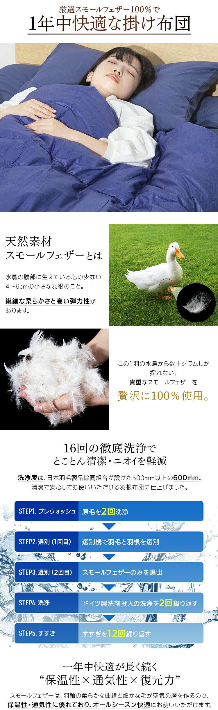 【5点】 布団セット シングル フェザー100% ネイビー 2